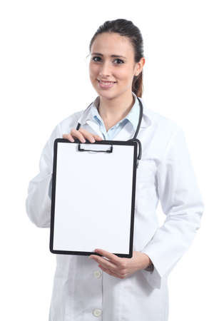 Beautiful female doctor showing a blank report isolated on a white background                 の写真素材