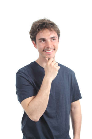Happy man smiling and thinking isolated on a white backgroundの写真素材