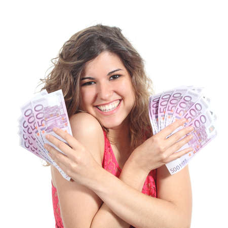 Woman holding and showing a lot of five hundred euro banknotes with both hands isolated on a white backgroundの写真素材