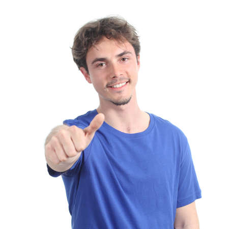 Portrait of young man with thumb up gesture on a white isolated backgroundの写真素材