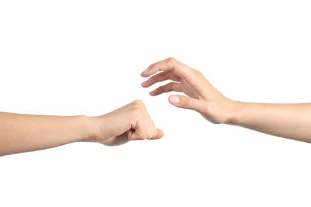 Rock paper and scissors hands gesture isolated on a white background  Paper wins               の写真素材