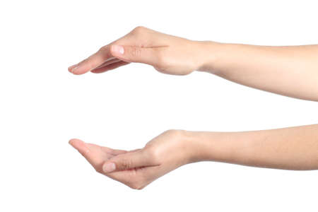 Woman hands with a protection gesture isolated on a white backgroundの写真素材