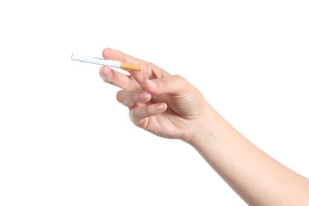 Woman hand holding a cigarette isolated on a white backgroundの写真素材