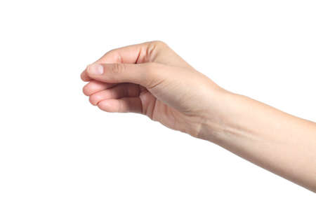 Beautiful woman hand showing something like a blank business card isolated on a white background                 の写真素材