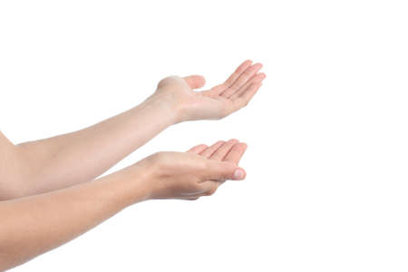 Beautiful woman hands inviting to come in isolated on a white background              の写真素材