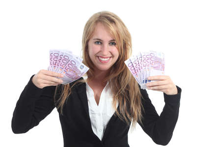 Happy businesswoman with a lot of money isolated on a white background          の写真素材