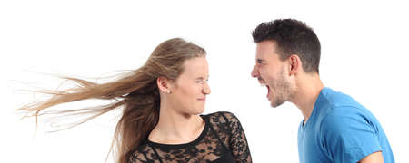 Man shouting to a woman isolated on a white background             の写真素材
