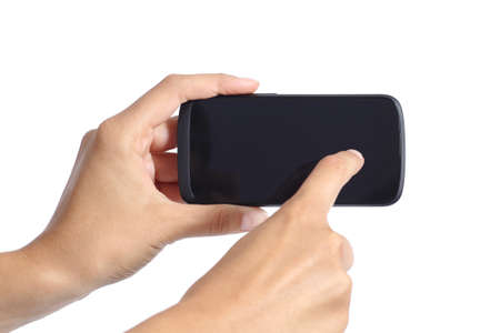 Woman hands touching the screen of a smartphone isolated on a white background        