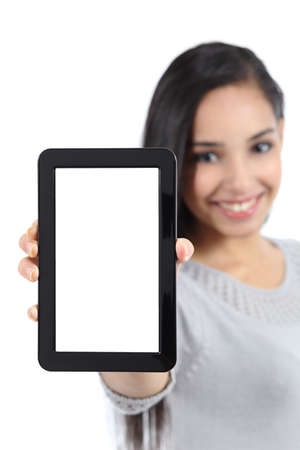 Pretty woman showing a blank vertical tablet screen      の写真素材