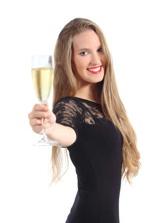 Portrait of a beautiful woman toasting with champagne isolated on a white background                の写真素材