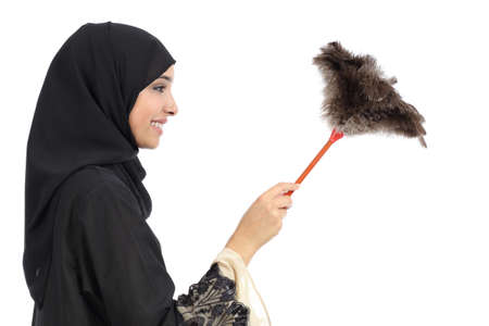 Profile of an arab woman cleaning with a duster clean isolated on a white background