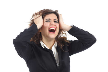 Bankrupt businesswoman crying desolated isolated on a white background