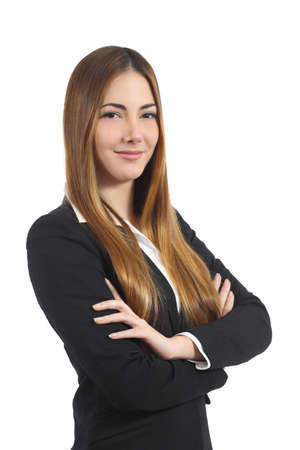 Confident beautiful business woman posing with folded arms isolated on a white backgroundの写真素材