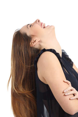 Funny happy woman laughing hilarious isolated on a white backgroundの写真素材
