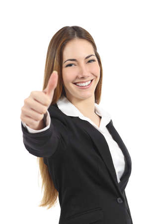 Beautiful happy business woman gesturing thumb up isolated on a white backgroundの写真素材