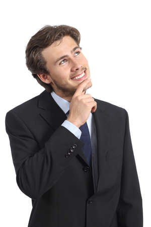 Happy business man thinking and looking at side isolated on a white backgroundの写真素材