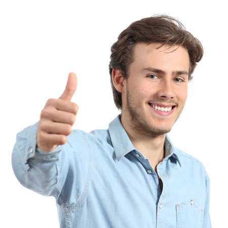 Happy man with white teeth smiling with thumbs up isolated on a white backgroundの写真素材