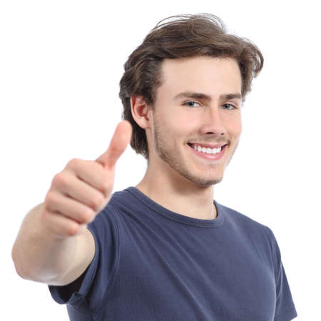 Happy man with a perfect white smile and thumb up isolated on a white background       の写真素材
