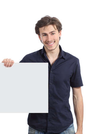 Happy man holding a blank sign or banner isolated on a white backgroundの写真素材