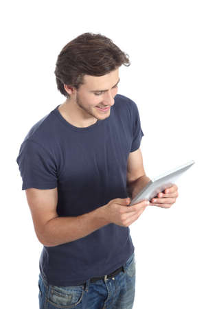 Top view of a man reading a tablet reader isolated on a white background           の写真素材