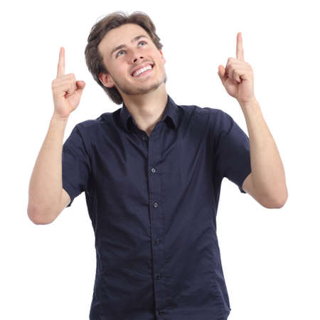 Happy promoter man presenting an advice pointing up isolated on a white の写真素材