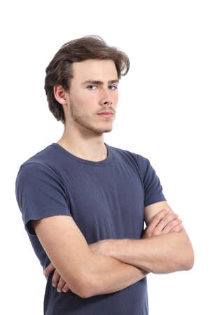 Portrait of a serious casual man with folded arms isolated on a white の写真素材