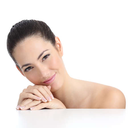 Beauty woman soft skin face and hands with french manicure isolated on a white background              の写真素材