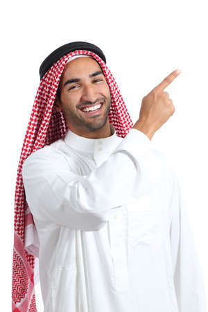 Arab saudi promoter man pointing at side isolated on a white backgroundの写真素材