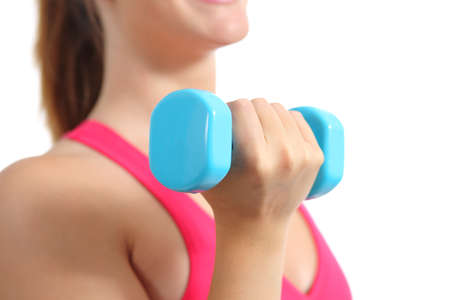 Close up of a fitness woman lifting weights exercising aerobic isolated on a white background