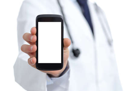 Doctor hand showing a blank smart phone screen app isolated on a white backgroundの写真素材
