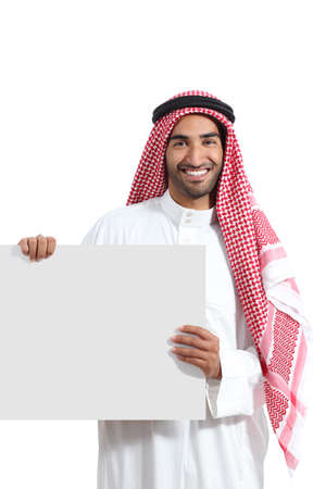Arab saudi promoter man holding a blank horizontal sign isolated on a white backgroundの写真素材