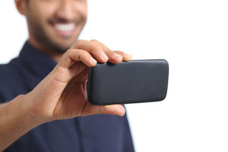 Closeup of a man hand watching video in a smart phone isolated on a white background
