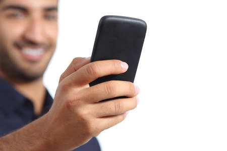 Closeup of a man hand using a smart phone isolated on a white backgroundの写真素材