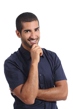 Attractive arab pensive man thinking and looking at camera isolated on a white backgroundの写真素材