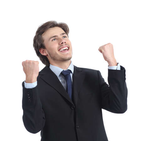 Euphoric successful businessman raising arms isolated on a white backgroundの写真素材