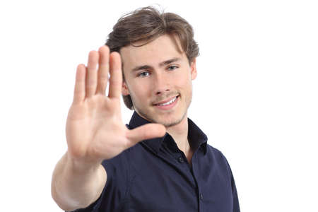 Handsome man gesturing stop or framing isolated on a white backgroundの写真素材