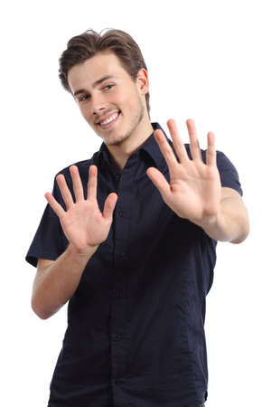 Happy man rejecting and gesturing stop with hands isolated on a white backgroundの写真素材