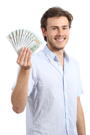 Happy young business man holding dollar banknotes isolated on a white backgroundの写真素材