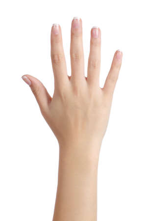 Woman open hand with french manicure isolated on a white background