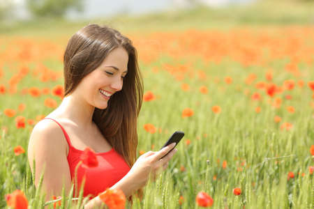 Girl texting in a smart phone in a colorful field with red flowersの写真素材