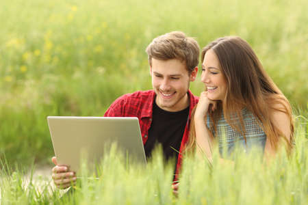 Couple or friends sharing a laptop in a green fieldの写真素材