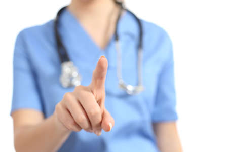 Nurse or doctor selecting something blank with the finger to the camera isolated on a white backgroundの写真素材