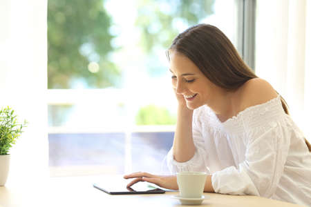 Happy beautiful girl searching information in a tablet sitting in a table near of a window with a warm green background at homeの写真素材