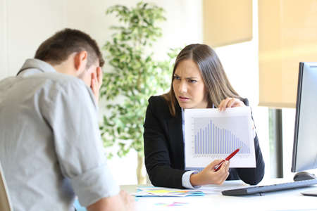 Angry boss showing a growth graph with bad results and scolding to an employee