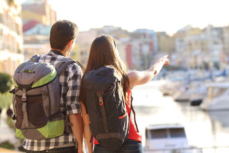 Back view of a couple of tourists sightseeing in a travel destination with a port with colorful buildings in the background