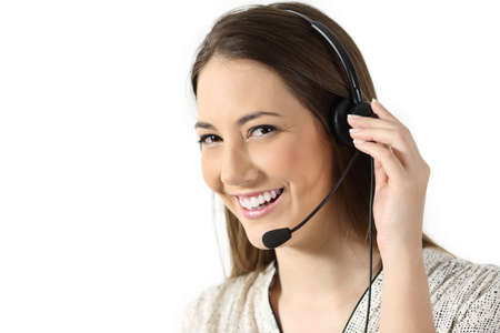 Portrait of a telemarketing operator looking at you isolated on a white backgroundの写真素材