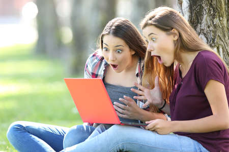 Amazed teens finding opportunities on line in a red laptop sitting on the grass outside in a parkの写真素材