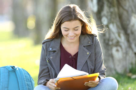 Single student girl studying reading notes sitting on the grass in a parkの写真素材