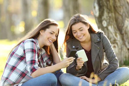 Two happy friends watching media content in their smart phones sitting on the grass in a parkの写真素材