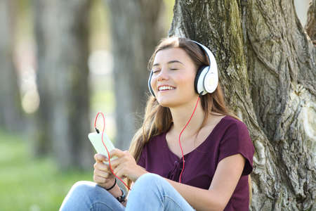 Single teen feeling the music on line sitting on the grass outdoors in a parkの写真素材